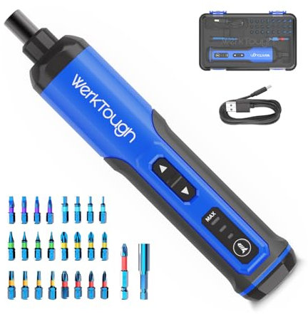 Werktough 4V Mini Electric Cordless Screwdriver with 3-Gear Torque 5Nm Power 25pc Screwdriver Bits S2 LED Light USB Charging Home Improvement S026