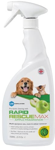 Rapid Rescue MAX Pet Stain and Odour Remover, Urine Neutraliser - Apple Fragrance | Natural Microbe Enzyme Cleaner Spray - Fast-Acting Pet Odour Eliminator for Carpets, Wood Floors, Cars, Rugs - 750ml
