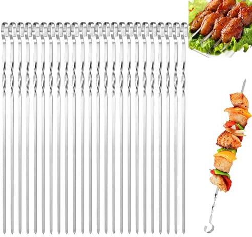 LEERMEIZI 24 pcs Spiedini Acciaio Inox per barbecue,Spiedini BBQ Riutilizzabili,Spiedini per barbecue piatti in metallo,Spiedi di Carne per Barbecue all'aperto,Spiedini acciaio per falò o barbecue