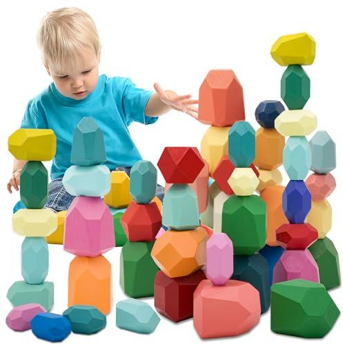 RunHero 39 Stück Stapelsteine Balanciersteine Montessori Holz Bauklötze Spielzeug für Kinder Stapelturm Grimms Holzbausteine Stapelsteine Motorikspielzeug Geschenk für Baby ab 1 2 3 4 5 6 7 8 Jahr
