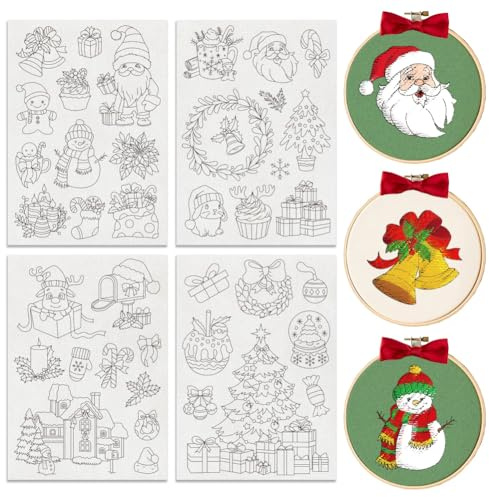 BENECREAT 4 Sheets Christmas Sewing Embroidery Stabilizers, 45pcs Snowman Embroidery Paper with Pre-Printed Water Soluble Stabilizer for Embroidery Hand Sewing Lover Beginners