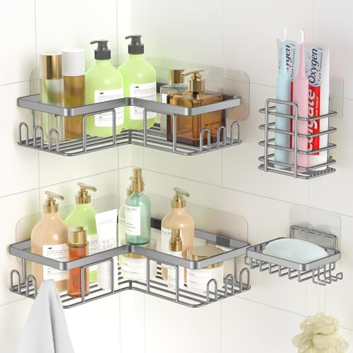 Shower Caddy 4 Pack Corner Shelf, Stainless Steel Bathroom Storage, Adhesive Shelf, No Drilling, Grey