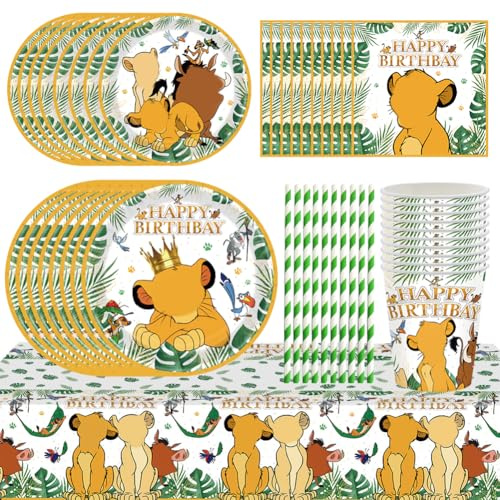 PLNVNVP 60pcs El Rey León Vajilla para Fiestas,Juego de Vajilla de Fiesta León, Bandeja de Papel, Servilleta, Taza, Pajitas, Cubiertos Fiesta El Rey León-10 Posición