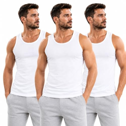 ShopMCR 3PK Men's Cotton Sleeveless Vests - Summer Athletic Tank Tops for Everyday Wear, Gym, and Training, Slim Fit, Black/White Options (3PK, 4XL, White)