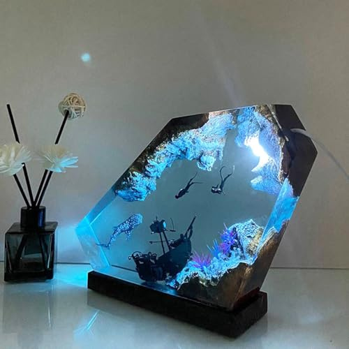 Drawelry Ocean Creative Epoxy Resin Wood Light Lamp, Handmade Multi Color Deep Sea Diver Cave Diving Enthusiasts Led Night Light, Aquatic Ocean Lamp Birthday Desktop Decor Gift (Couple Diver)