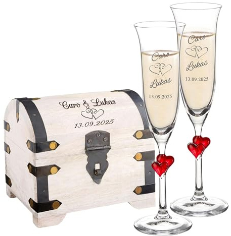 Casa Vivente Set regalo per matrimonio, calici da spumante e scrigno del tesoro bianco con incisione, cuori, personalizzabili con nome e data, decorazione in legno, regali di nozze per sposi, regali