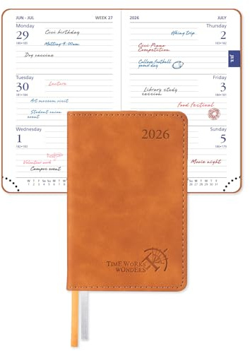 POPRUN Mini agenda de bolsillo 2026, A7, vista semanal, 12 x 8 cm, calendario delgado del tamaño de la palma de la mano, planificador semanal 26 semanales con papel de 70 g/m², cubierta suave de piel
