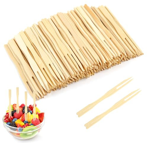 Deepton 400PCS Wooden Fruit Forks, Two Claw Disposable Bamboo Forks, 3.5 Inch Cocktail Fork, Food Picks for Banquet Parties Buffets Food Catering