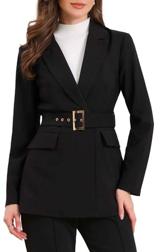 Allegra K Blazers for Women Business Casual Long Sleeve Office Work Belted Long Blazer Suit Jacket Large Black