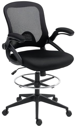 Vinsetto Drafting Chair with Arms for Standing Desk, Black | Flip-up Armrest, 360 Degree Swivel Mesh Office Stool, Foot Ring, Height Adjustable Chair