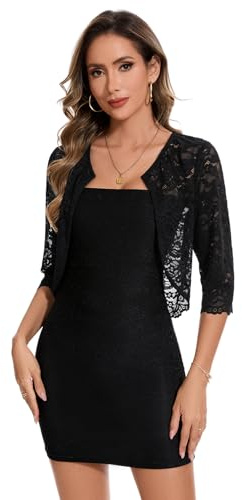 Kyzoeyou Boléro en dentelle à manches 3/4 pour femme - Longueur courte - Cardigan élégant - Robe de mariage - Avec crochet et bouton