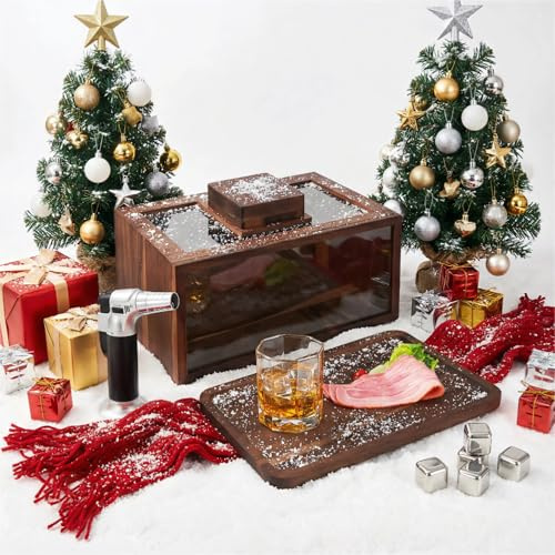 Intoo Lifes Cocktail Smoker Kit - Whiskey Smoker Kit with Smoking Gun：Black Walnut Cocktail Smoke Box, Food Tray and Wood Chips，Bourbon Old Fashioned Smoker Kit Gifts for Men，Dad（No Butane）