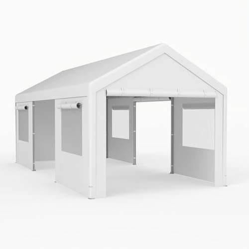 GOPLUS Garaje Carpa para Coche, Tienda de Lona PE Impermeable, Resistente a la Intemperie, Paredes Laterales Desmontables, Ventanas y Puerta, con Estructura Metálica para SUV (305 x 586 cm,Blanco)