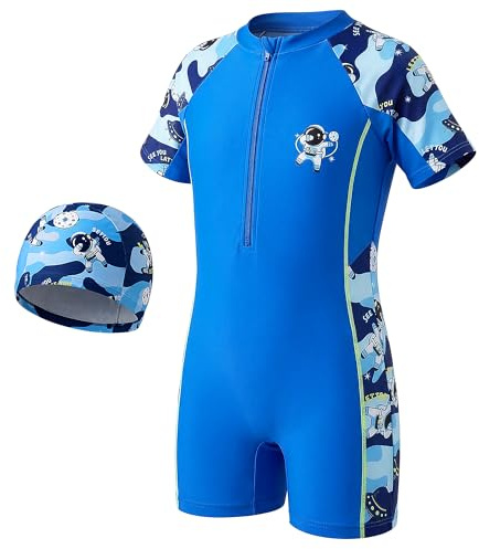 Keyck Maillot de Bain Une Pièce pour Fille Garçon Enfants Costume 4-10 Ans | Combinaison de Natation, Manches Courtes, avec Bonnet et Fermeture Éclair, Séchage Rapide, Costume de Bain pour Plage Piscine
