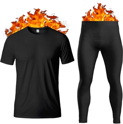 Thread Linens Men's Thermal Underwear Set Base Layer - Short Sleeve T-Shirt/Vest/Top and Long Johns For Men Ultra Soft Warm Underwear Man Body Warmer Size S-XXL (Black, M)