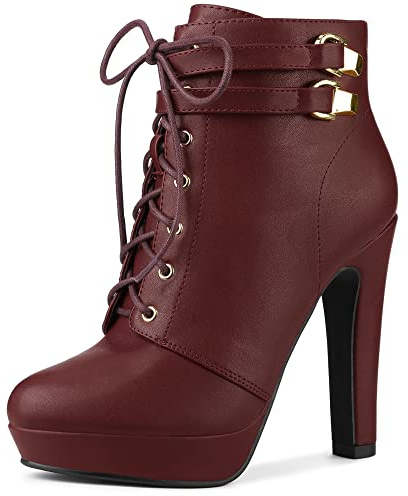 Allegra K Botines con plataforma y tacones de bloque con correa con cordones para mujer borgoña 36