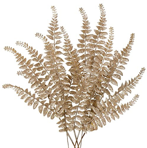 60 cm Ensemble de 6 Plantes Artificielles Branche Artificielle Décoration de Noël Paillettes Feuilles de Noël pour Sapin de Noël Nouvel An Ornements, Fougère Artificielle pour Décoration, Champagne