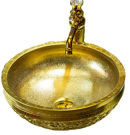Gold Vessel Sink Round Bowl for Bathroom Countertop Ceramic Wash Basin with Hand Carved Dragon Pattern,L16.4W16.4