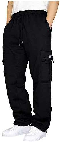 Men's Cargo Sweatpants Casual Fleece Joggers Loose Fit Open Bottom Athletic Pants for Men with Pockets Black L