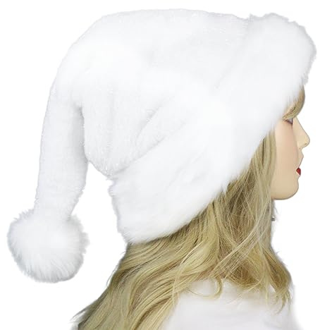 Brihasory Cappello di Babbo Natale bianco con paillettes, in velluto spesso, per donne, uomini e adulti, fodera confortevole, cappello da vacanza per Babbo Natale, adatto per la vigilia di Natale