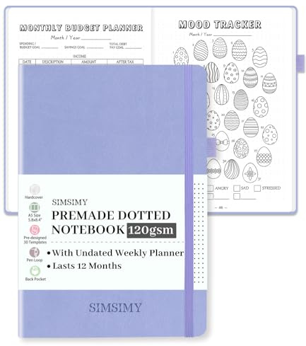 SIMSIMY Premade Dotted Journal Notebook with Bullet Templates, Pre-made Dot Grid Journaling with Undated Weekly & Monthly Planner, Various Trackers - 12 Month Organization, A5 Hardcover