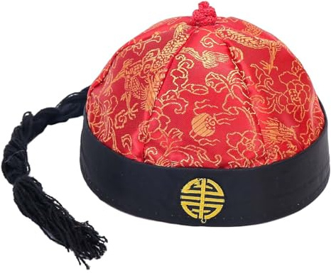 Baoblaze Chinese Oriental Hat Chinese Emperor Hat Silk Landlord Hat Mandarin Asian Hat Party Cosplay Cap with Ponytail for Fancy Dress, Red Black 56cm