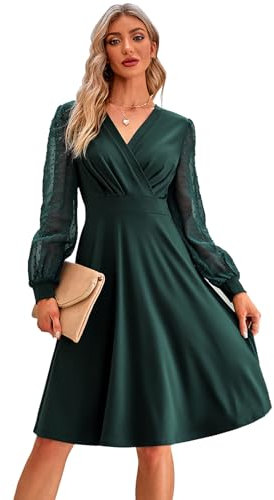 IWEMEK Elegant Women Swiss Dot Long Sleeve Wrap V-Neck A-line Cocktail Dress Fall Winter Wedding Guest Evening Party Prom Homecoming Vintage 1950s Knee Length Swing Dresses Green L