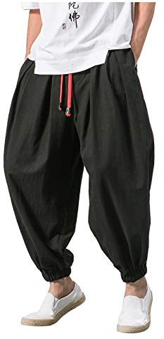 Pantaloni baggy da uomo, in stile harem/giapponese, in cotone e lino, con elastico in vita, pantaloni casual per tempo libero, casa, yoga, lunghi, traspiranti, ampi, disponibili in taglie forti