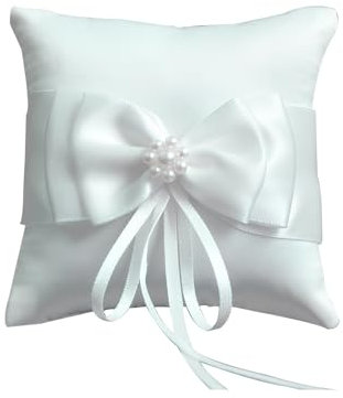 Amexo Hochzeit Ringkissen Schöne Bowknot Ringhalter Kissen Weiß Ringträger mit Satinband und Simulation Perle Vintage Paar Ring Halter für Verlobung Oder Eheringe (15 x 15cm)