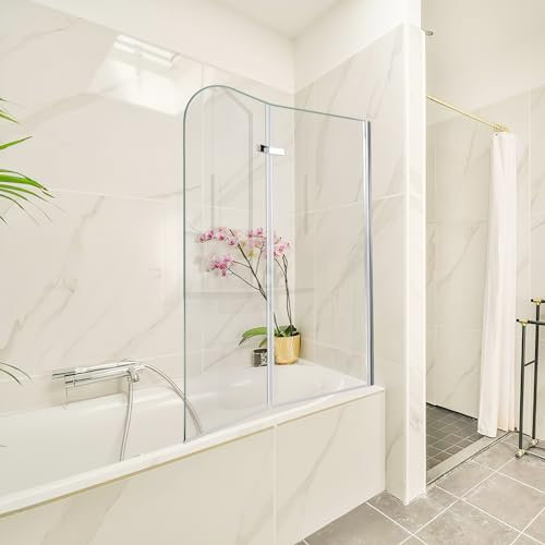 Daromigo Paroi de douche pour baignoire, 100 x 140 cm, pliable, en 2 parties, avec verre de sécurité ESG de 6 mm, argent transparent, avec embout de baignoire