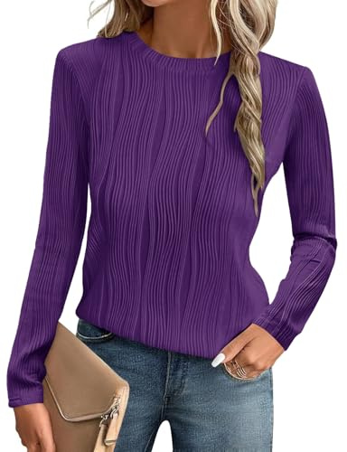 Gemulate Autumn Winter Fashion Long Sleeve Plus Size Basic tee Shirts Casual Round Neck Summer Work Tunic Blouses Dark Purple XXL