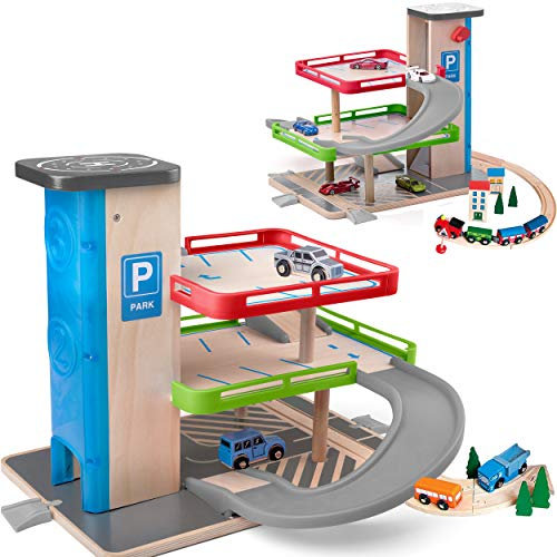 Parkhaus/Garage mit 3 Ebenen - aus Holz - incl. Fahrzeuge/Auto & Lift - passend mit Schienensystem & Eisenbahn - Holzeisenbahn - paßt zu Allen gängigen Sc..