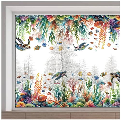 GORGECRAFT 116x38cm Large Sea Creatures Window Clings Turtle Fish Seaweed Static Window Sticker Reusable Double-Sided Window Decals Non Adhesive Glass Film for Home Bedroom Bathroom Decor