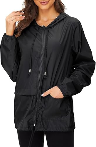 Zando Women's Lightweight Packable Rain Jacket Waterproof Hooded Windbreaker Foldable Outdoor Raincoat with Pockets for Hiking Cycling, Black, L