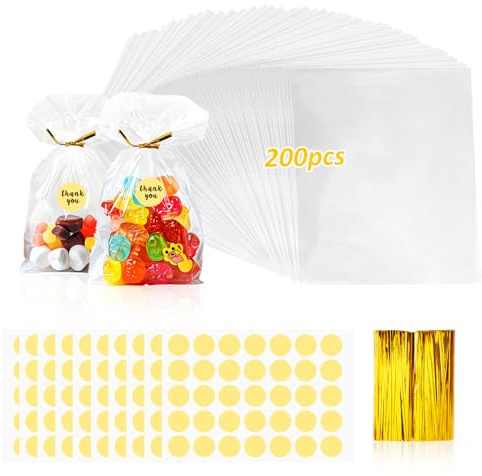 200 Stück Cellophantüten 25x15 cm, Süßigkeiten Tüten Geschenkbeutel mit Metallischen Krawatten und Runde Stickers für Hochzeit, Picknick, Kindergeburtstag Gastgeschenke Tütchen