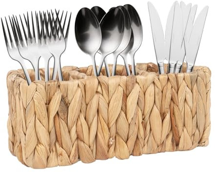 Klmnop Wicker Silverware Caddy, Water Hyacinth Cutlery Utensil Holder for Countertop, Party Flatware Utensil Organizer Storage for Kitchen Countertop and Picnic(Natural)