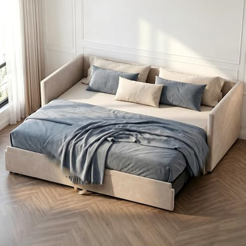 Xnferty Utdragbar bäddsoffa, 90/180 x 200 cm, klädsel, dagsäng, utdragbar med ribbotten, utdragbar säng, samma höjd, säng utdragbar till dubbelsäng, utan madrass (gris Clair)