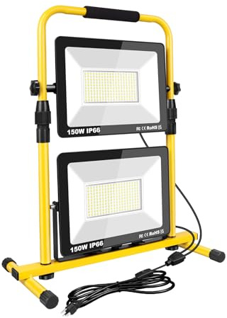 Willpower Foco de Trabajo Led 2 x 150W, 30000LM Portatil Proyector Led, Soporte Telescópico, IP66 Focos Lámpara Uso en Interiores y Exterior, Para Obra de Construcción, Taller, Garaje, Jardín, 6000K