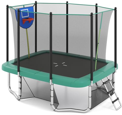 COSTWAY Studsmatta utomhus rektangulär, 3-i-1 barnstudsmatta med stege, basketkorg och fotbollsmål, trädgårdsstudsmatta med säkerhetsnät och metallram för barn, vuxna (grön)