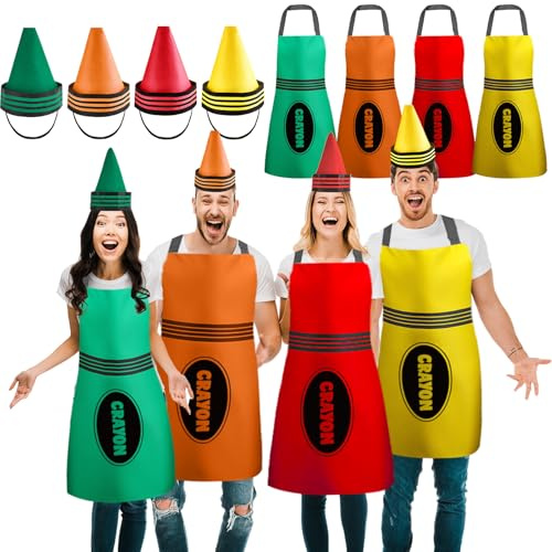 Justforjoyful 8Pcs Crayon Costume Halloween Color Crayon Apron Set and Funny Gnome Cone Hats Group Crayons Outfit for Adults Family Men Women Funny Fancy Dress Suit for School Group Cosplay Dress Up