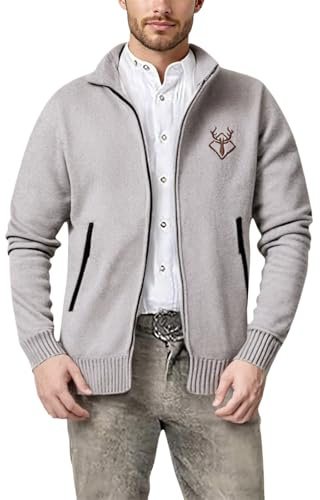 Trachtenjacke Herren Strickjacke Sommer,Trachtenjanker Für Herren Lang Langarm Sportlich Rehkitz Strickjacke Trachtenjacke Modern Leicht mit Reißverschluss Strick Sweatjacke Oktoberfest Beige L