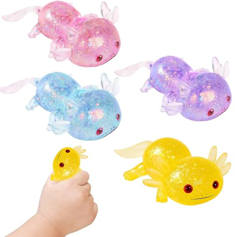 4 Stück Axolotl Spielzeug, Squeeze Toy, Stress Relief Squishy Ball, Squishy Toy, Anti-Stress-Spielzeug für Erwachsene & Kinder, Weiches Sensorikspielzeug Mit Realistischer Textur