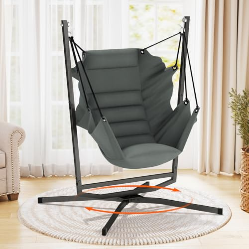 Hängestuhl 360° Drehung, Hängesessel mit Gestell; Hängesessel Indoor mit Kissen, Outdoor & Indoor Relax-Stuhl für Drinnen, Schlafzimmer, Kinderzimmer, Garten, Terasse. 180kg Tragkraft (Grau)