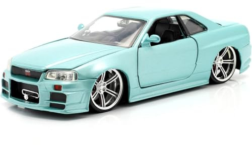 Jada Toys Fast & Furious Brian's Nissan Skyline, 2002, GTR (R34), zu öffnende Türen, Kofferraum und Motorhaube, Modellauto, Spielzeugauto, Maßstab 1:24, Silber