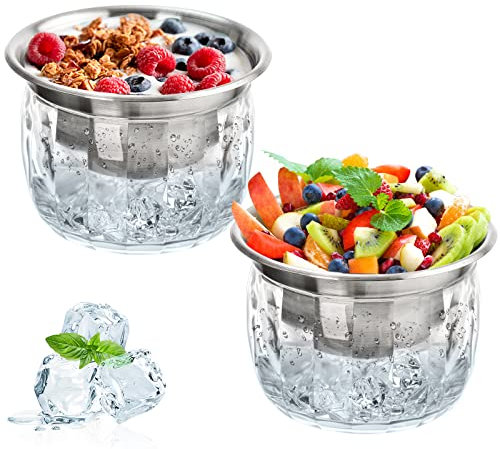 ZENFUN 2er Pack 590ML Dip Kühlschüssel mit Acryl Eisschalenboden, Eisgekühlte Servierschale aus Edelstahl Eisgekühltes Salatschüssel Set für Gekühlte Nudeln, Kartoffeln, Dressing, Obst