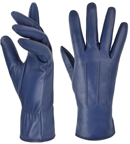 Harssidanzar Winter Leather Gloves Women Touchscreen Texting Cashmere Lining Warm Driving Motorcycle Dress Gloves GL017,Blue, Size M