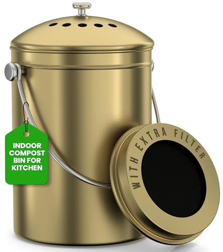 Utopia Kitchen Cestino per compost per piano di lavoro della cucina, secchio per compost da 1,3 galloni per cucina con coperchio, include 1 filtro carbone di ricambio (oro)