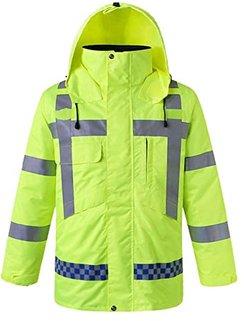QIULAO Chaqueta de Seguridad Reflectante de Alta Visibilidad, Ropa de Trabajo Impermeable para Hombres, Abrigo cálido, Forro y Gorra extraíbles, Chaqueta de Advertencia Reflectante para Exteriores