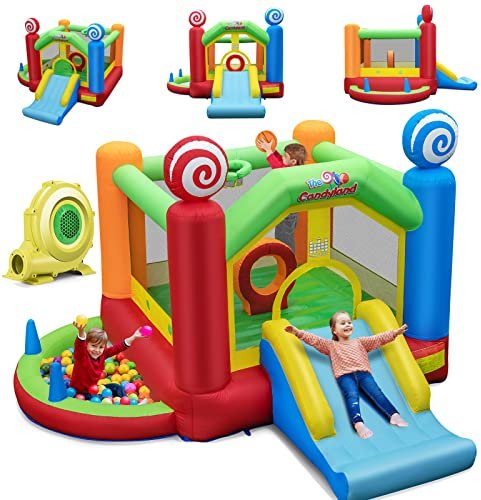 COSTWAY Château Gonflable avec Souffleur 680W, Maison de Saut Géante Intérieure Extérieure avec Toboggan, Décorations de Sucette, 50 Balles Océanique, Panier de Basket-Ball pour Enfants 3 Ans +