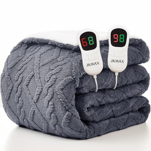 JKMAX Heated Electric Blanket Queen Size-84x90 Heating Blanket with 10 Heating Levels & 5 Time Settings Over-Heat Protection,Winter Warmer for Adults with ETL Certification（Grey）